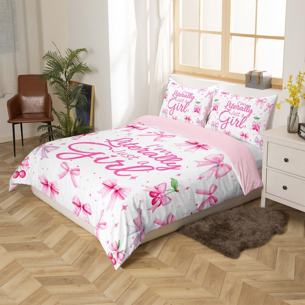 Manfei Bowknot Duvet Cover Set Toddler Size, Cute Bow Cherry Patchwork Bedding Set 2pcs, Cartoon Bow Tie Comforter Cover, Kids Girls Room Decor, Lightweight Bedspread Cover, 1 Pillowcase, No Comforter