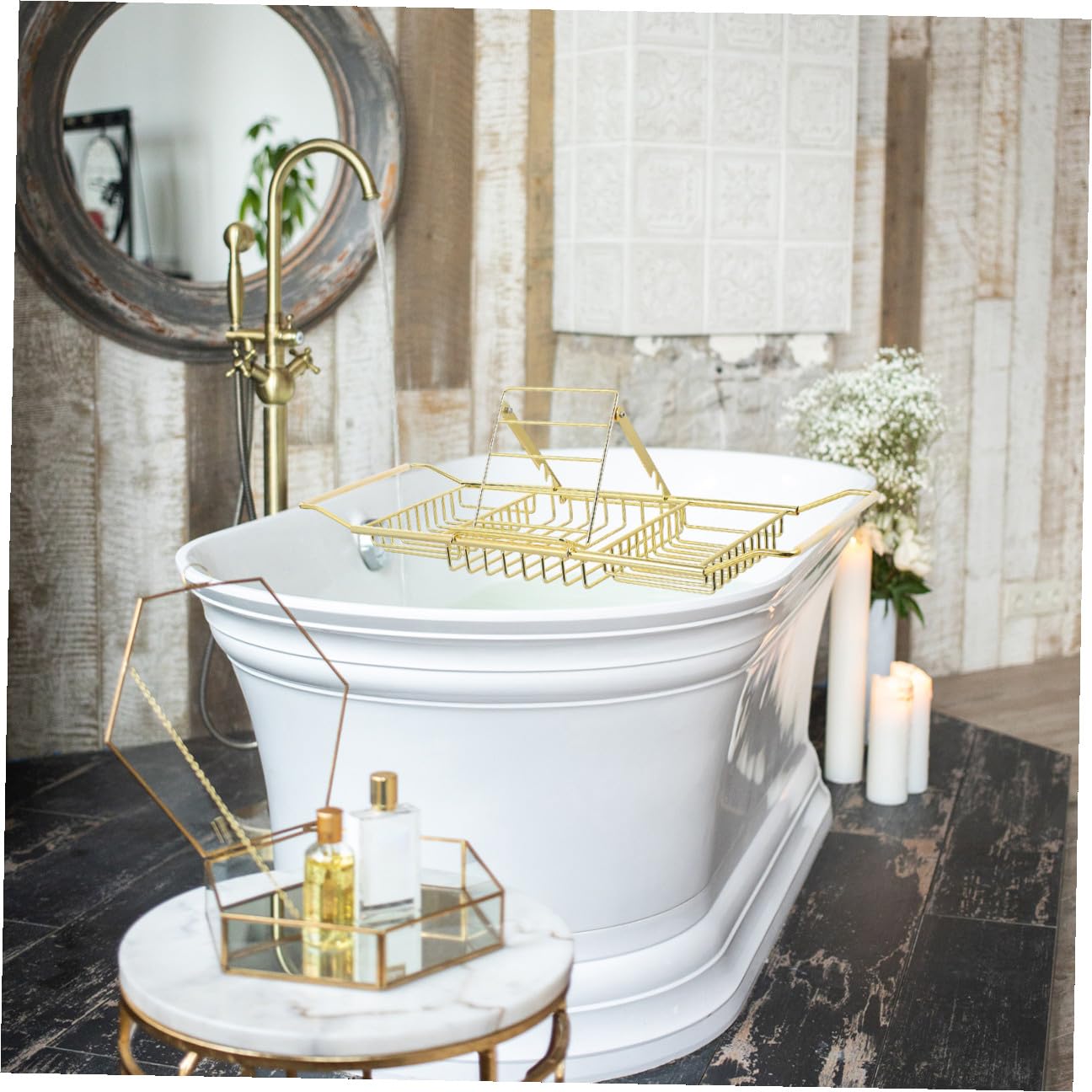 Mensola Vasca da Bagno Estensibile in Acciaio Resistente Antiscivolo con Supporto per Libri Tablet e Bicchiere di Vino Fino Design Elegante e Facile da Pulire per Bagni Moderni