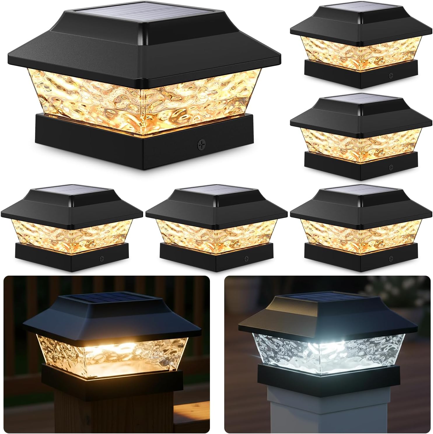 SIEDiNLAR 4x4 Solar Post Cap Lights 2 Modes Metal Deck Fence Post Light Waterproof Outdoor for 3.5x3.5 4x4 Wooden Vinyl Posts Patio Garden Decor, Warm/Cool White (6 Pack, Black)