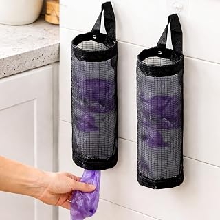 2 Pcs Plastic Bags Holder, 12.4in×3.9in Polyester Hanging Grocery Bag Dispenser, 2 Reusable Bag Storage with 2 Hooks for Shoe Covers Shower Caps Kitchen Bedroom Bathroom
