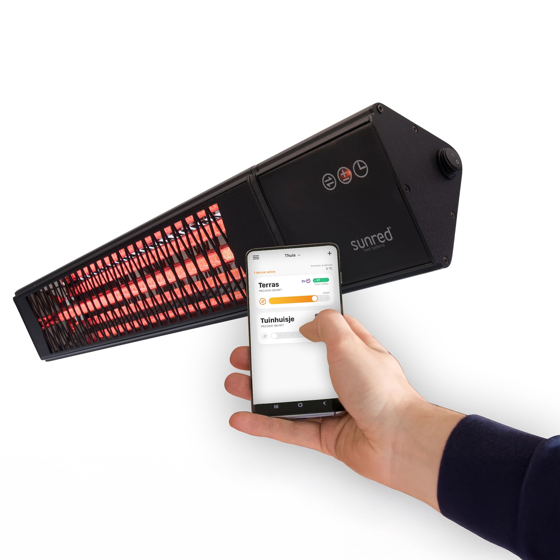 SUNRED Infrarot-Wandheizstrahler Triangle Dark Smart 2500 W Terasse mit Steuerung per W-LAN & App (iOS & Android) - 9 Heizstufen und Timer - Fernbedienung Terrassenheizstrahler außen Wandmontage