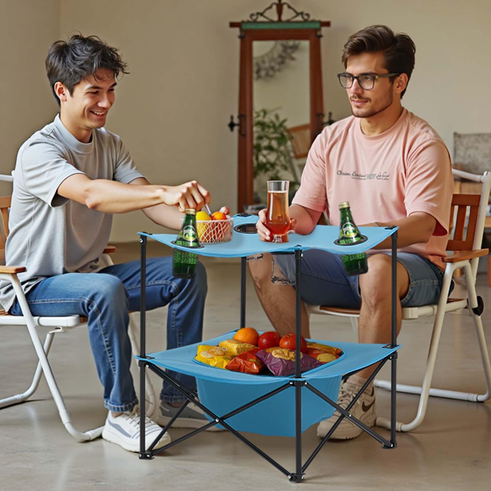 VEVOR Tavolo da Campeggio Pieghevole in Tessuto Oxford 600D Impermeabile, Tavolo da Picnic Portatile e Leggero per Esterni con 4 Portabicchieri e Borsa per Trasporto, per Picnic in Campeggio, Blu