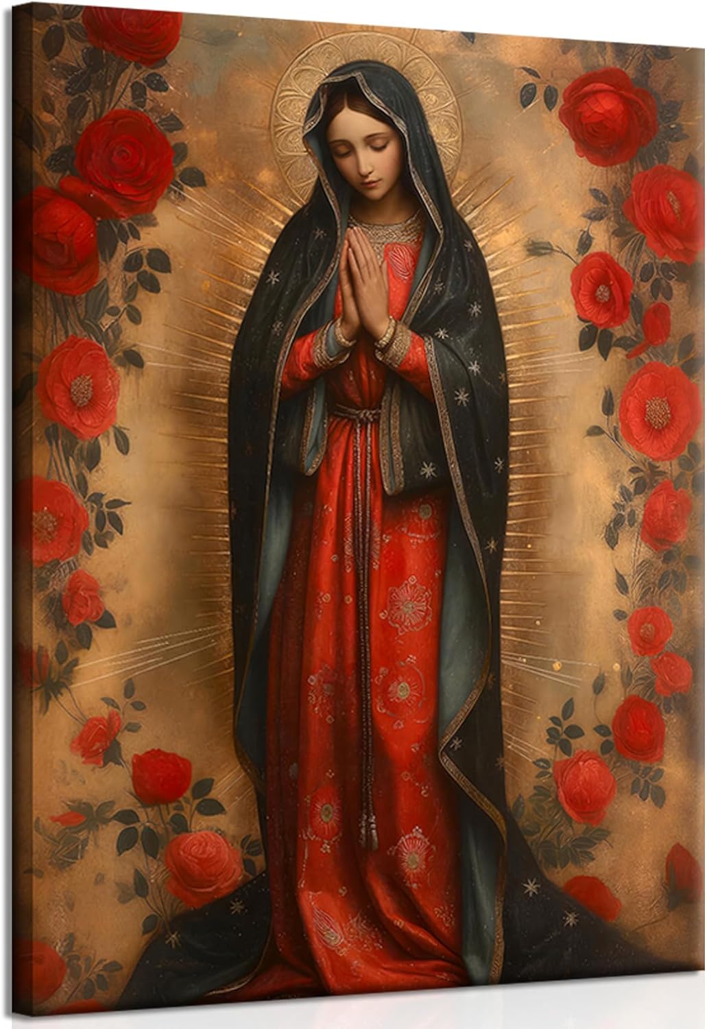 SQHVFXWR Framed Our Lady of Guadalupe Portrait Canvas Wall Art Virgin Mary in Prayer Religious Catholic Poster Prints Picture Wall Decor Inspirational Christian Artwork for Home and Church 16X24in