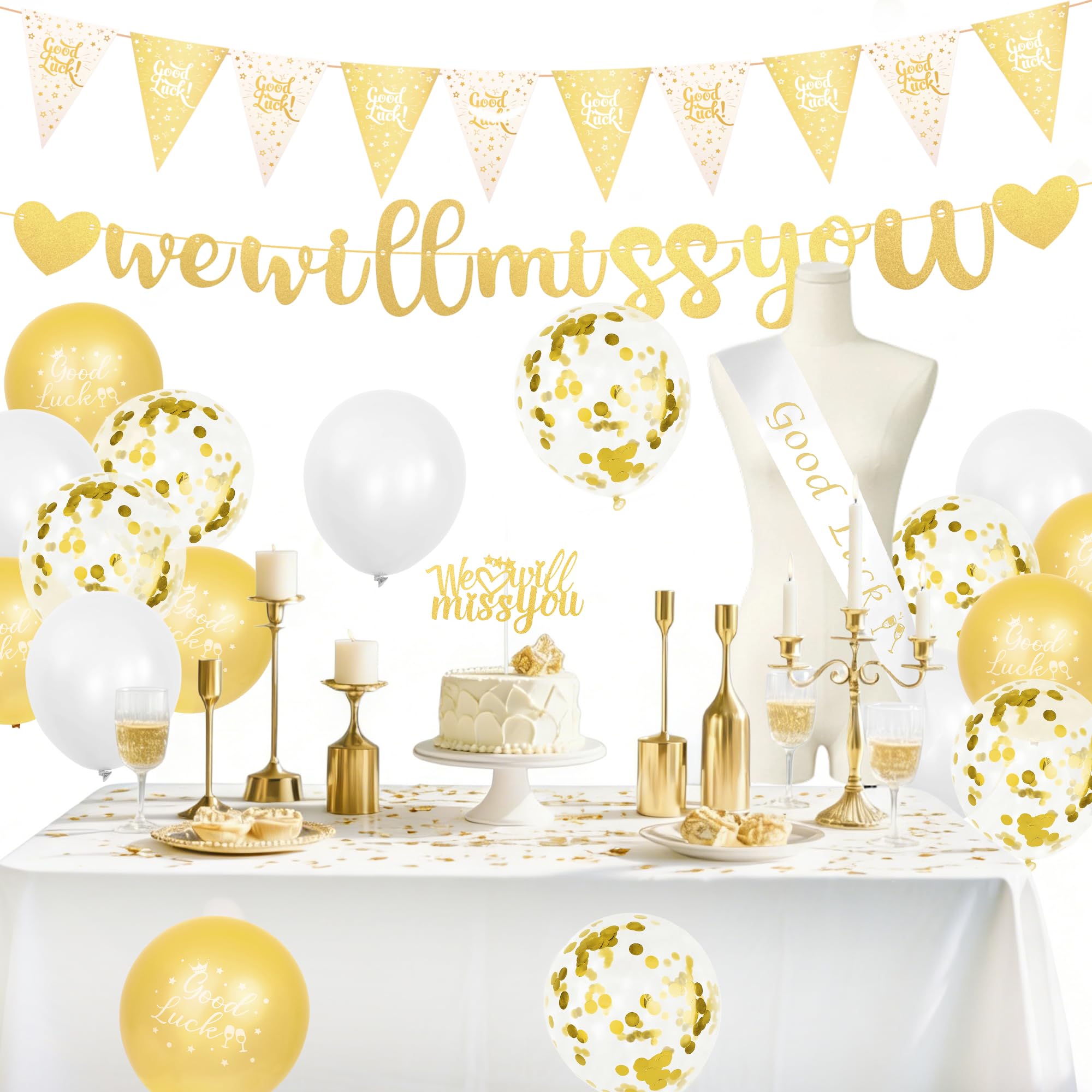28Pcs Gold Leaving Decorations, We Will Miss You Leaving Banner Good Luck Balloons Triangle Flag Good Luck Sash Cake Topper dor Retirement Graduation Farewell Decorations