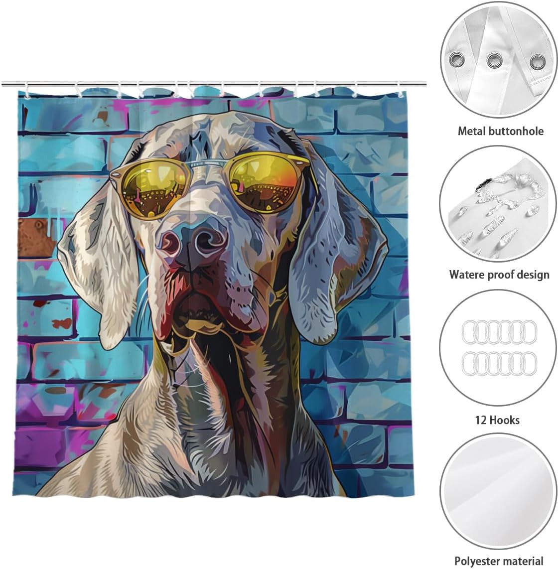NGZ Weimaraner Shower Curtain with Sunglass Shower Curtain Farmhouse Flower Funny Rustic Blossom Fabric Bathroom Decor Set with Hooks(72Wx72H)