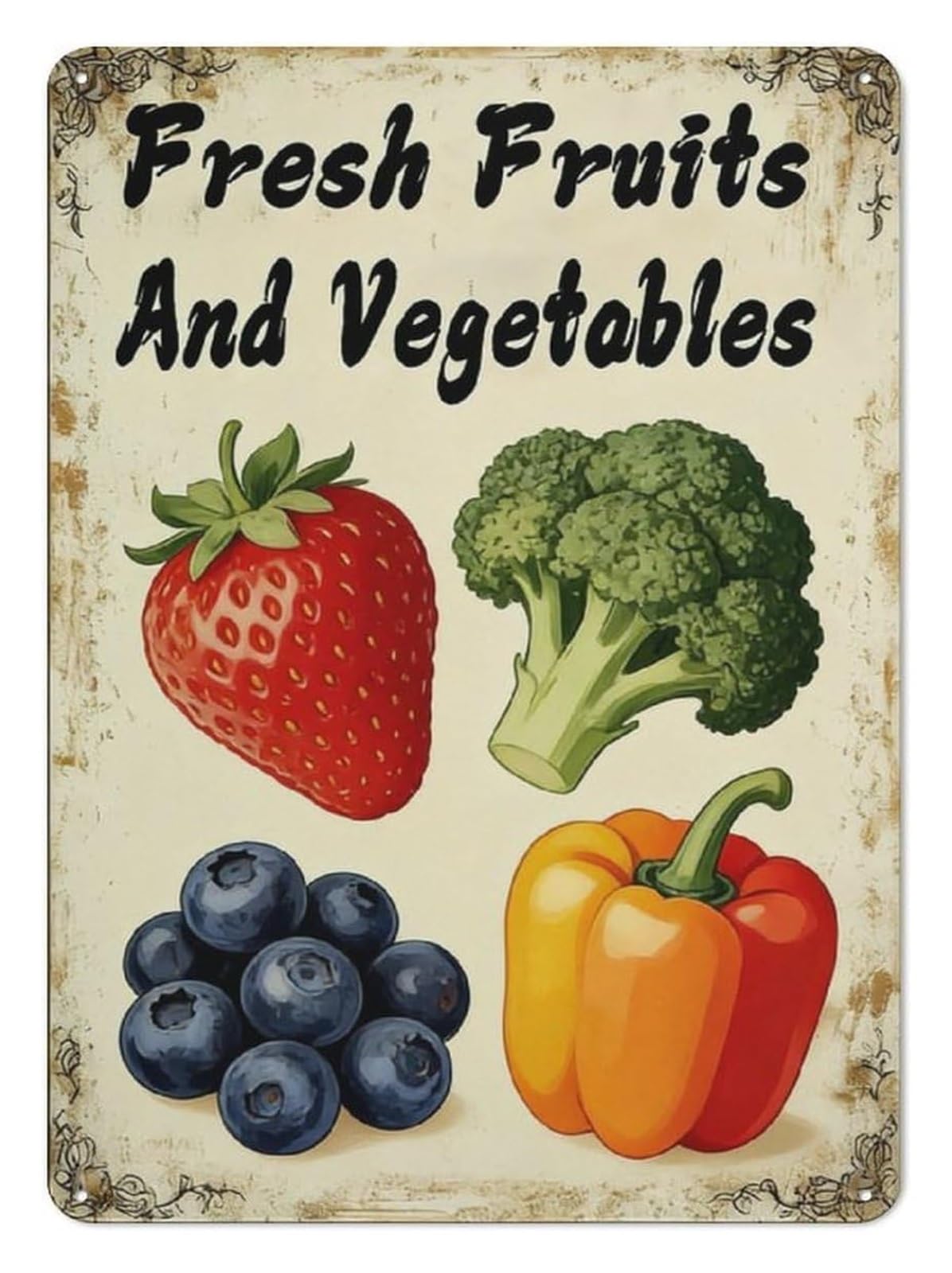 ZDVHOMCB Farmhouse Metal Tin Sign Fresh Fruits And Vegetables Kitchen Wall Decor Retro Food Plaque for Restaurant Grocery Store Farmer Market 8 X 12 inch