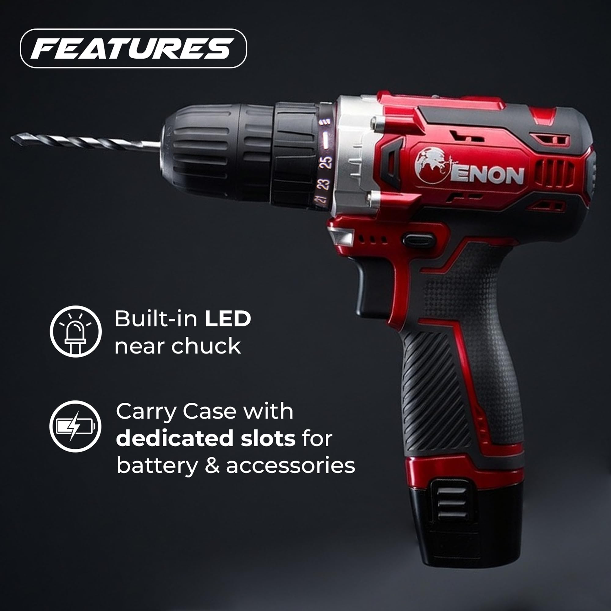 Enon 12V Cordless Drill Machine for Home Use, Compact Cordless Screw Driver, Powerful, 2 Speed, LED, 1500RPM,10mm Chuck, Reversible Switch, Drilling,1500mAh Battery with 2 Batteries (XE-CD1210)