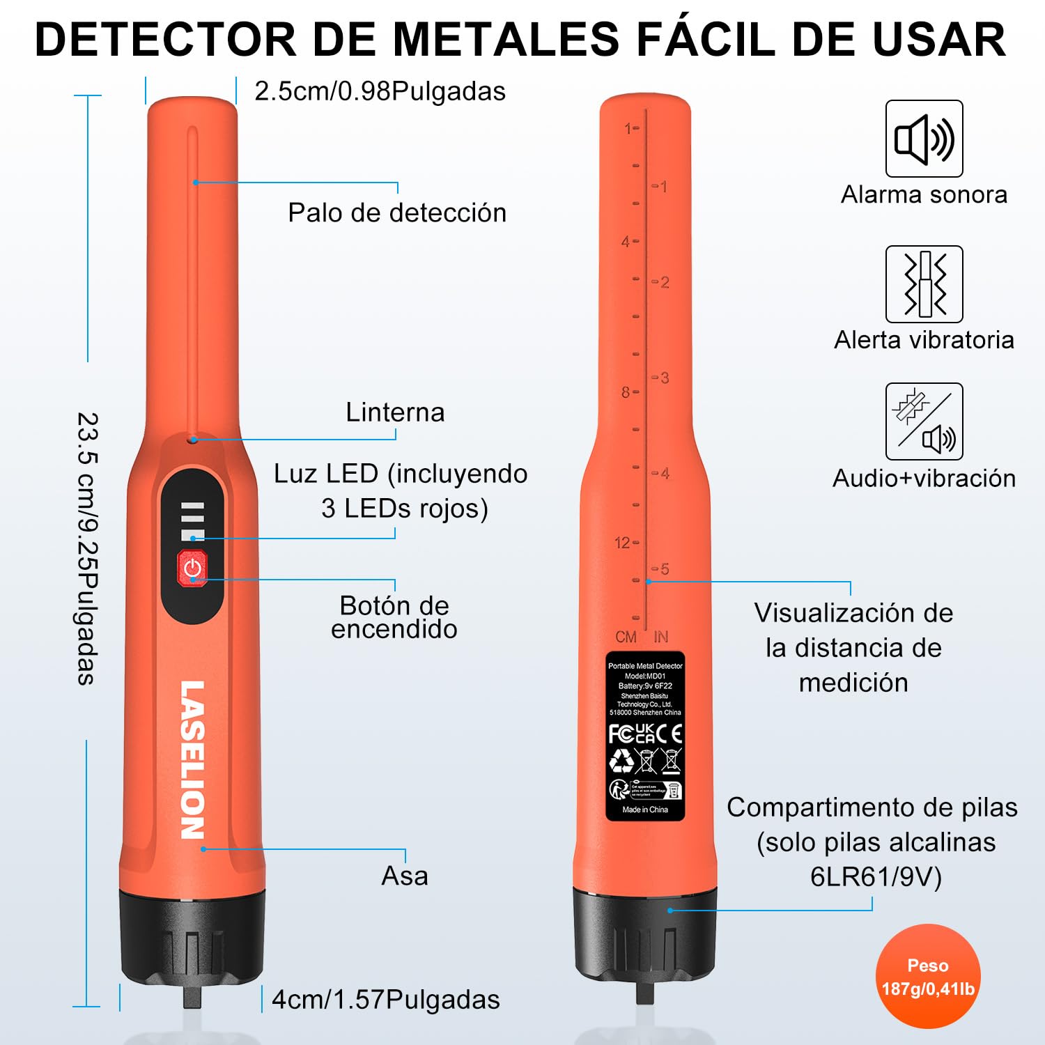Pinpointer Detector de Metales, LASELION MD01 Portátil IP68 Impermeable, Pinpointer de Mano con Batería de 9V, Riñonera y Cordón, 360°Precisión Exploración