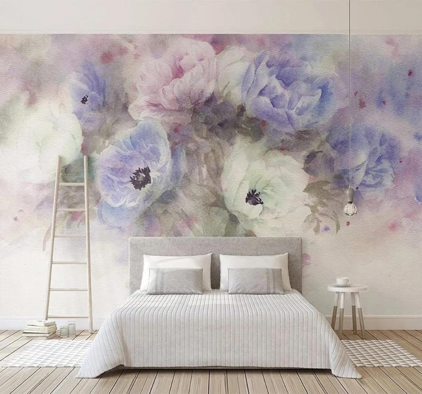 XLMING Hand Drawn Watercolour Romantic Purple Roses 3D Wallpaper Silky Texture Home Study Office Grey Dining Room Sofa Bedroom Living Room TV Backdrop-200cm×140cm