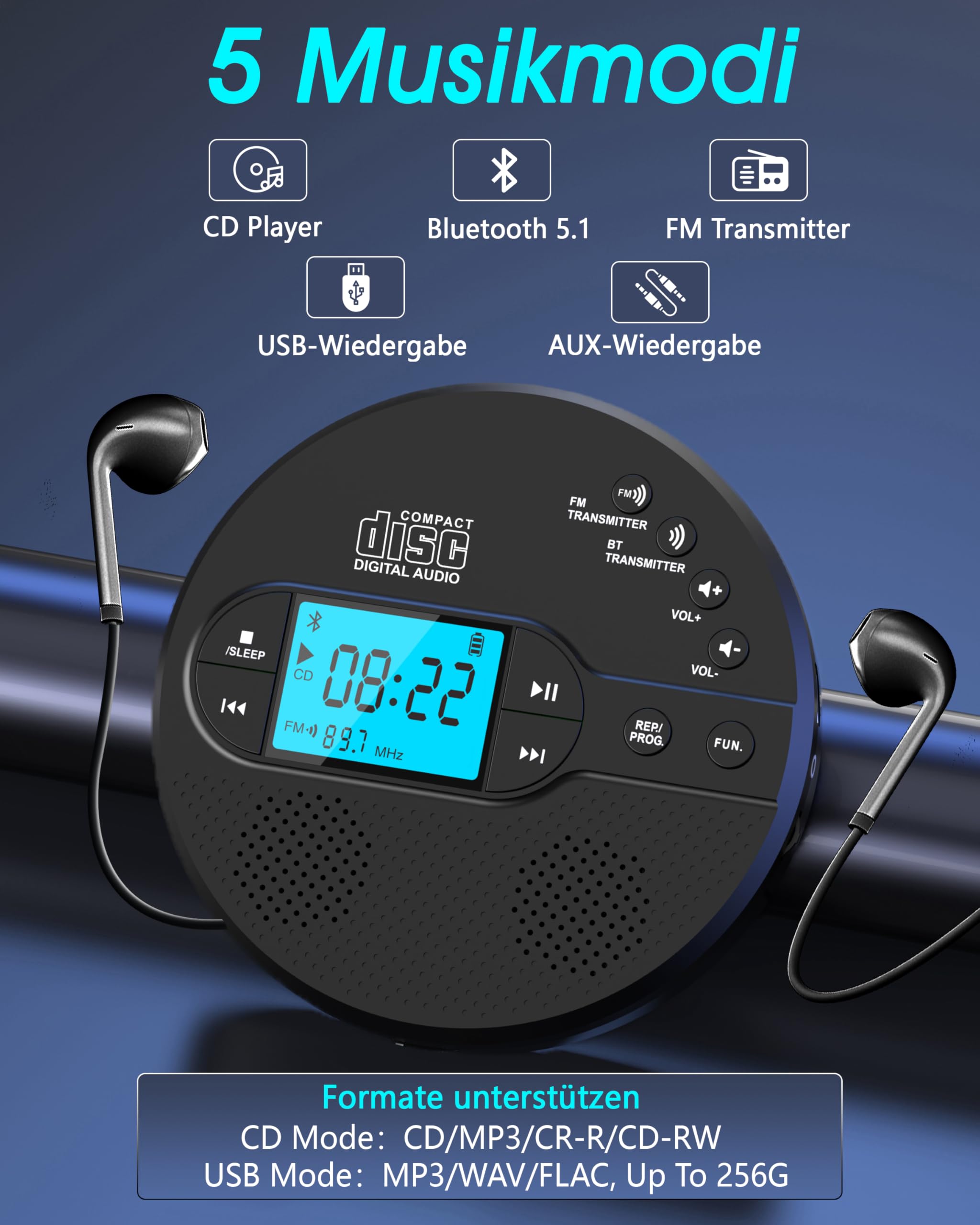 NEU Bluetooth CD Player Tragbar, Greadio Discman CD Player mit 2000mAh Wiederaufladbarer, Kompatibler FM-Transmitter, USB, AUX-Ausgang, CD Spieler mit Kopfhörer und Anti-Skip/Stoßfest