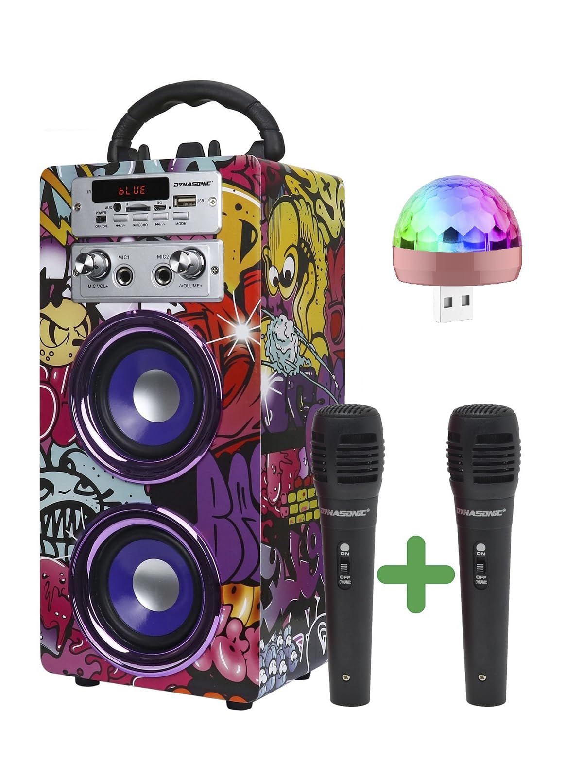 DYNASONIC Macchina Karaoke Portatile, 2 Microfoni, Altoparlante Bluetooth, Design unico ed esclusivo, Luci, Lettore USB e SD (025-12 lights)