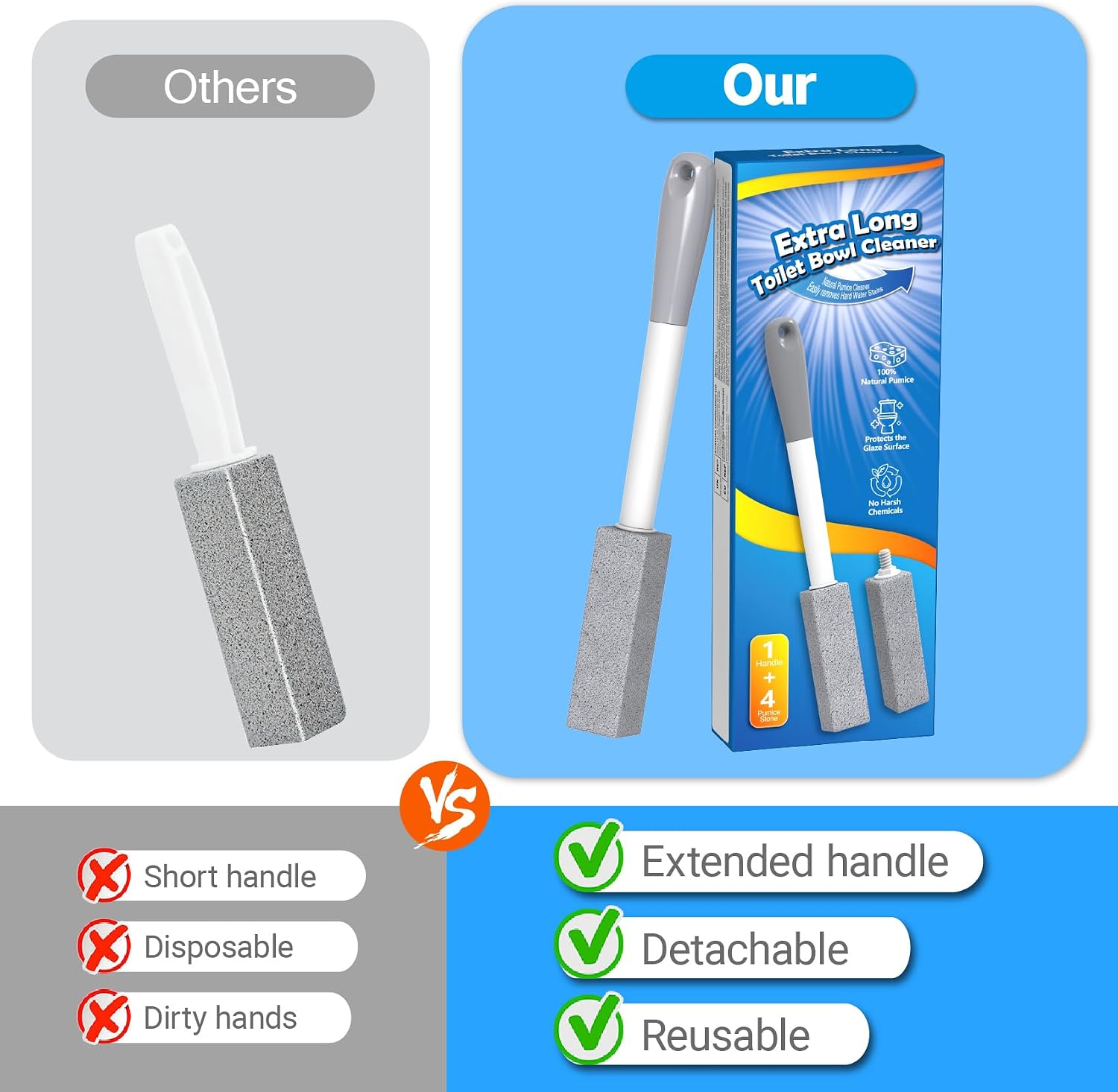 4-Pack Pumice Stone Toilet Bowl Cleaner with Long Handle, No-Touch Replaceable Stone Heads for Toilets, Bathtubs, Sinks, Grills, Swimming Pools