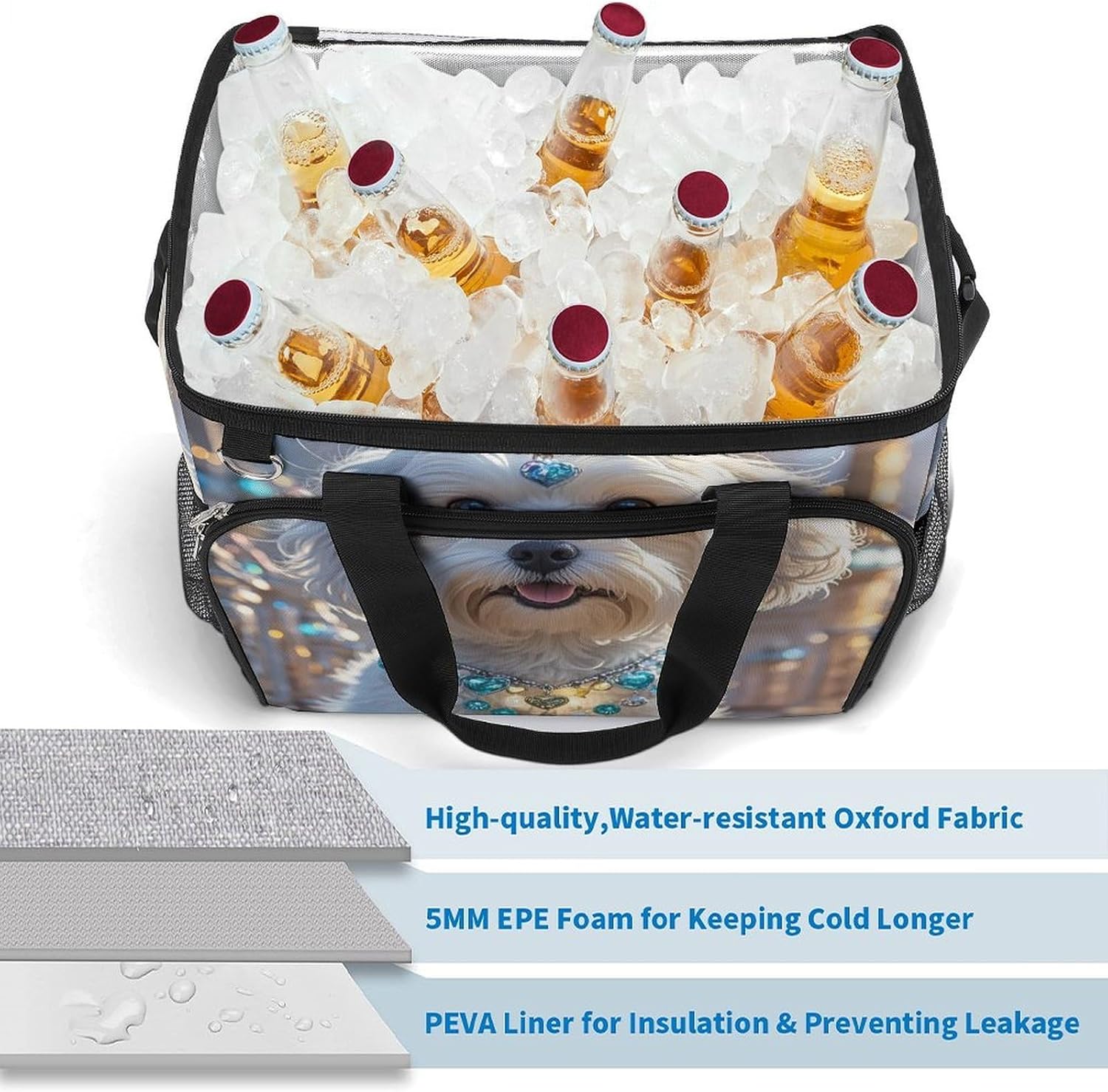 Insulated Picnic Backpack Tote Bag, Large Capacity 30L Lovely Maltese Dog Cooler Bag Leakproof Beach Bags Portable Lunch Box Waterproof Picnic Basket for Beach Camping BBQ