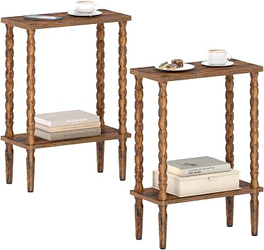 TUTOTAK Narrow Side Table Set of 2, 2-Tier Small End Table with Storage, Slim Skinny Nightstand for Small Spaces, Living Room, Bedrooms, Rustic Brown TB01BB001SEU