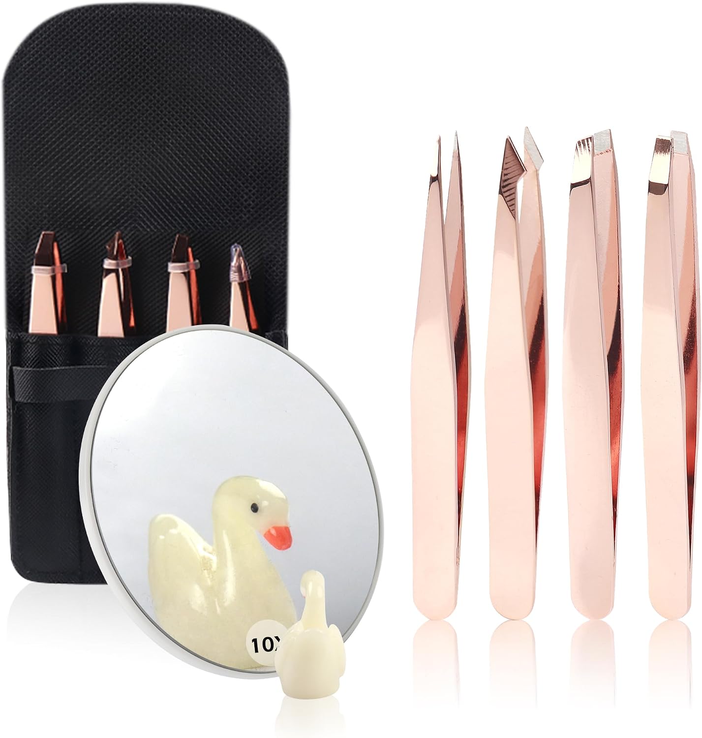 Tweezers and 10X Magnifying Mirror Kit with Travel Leather Case, Eyebrow Tweezer Set for Women & Men, Great Precision for Facial Hair, Splinter and Ingrown Hair Removal - Rosy Gold