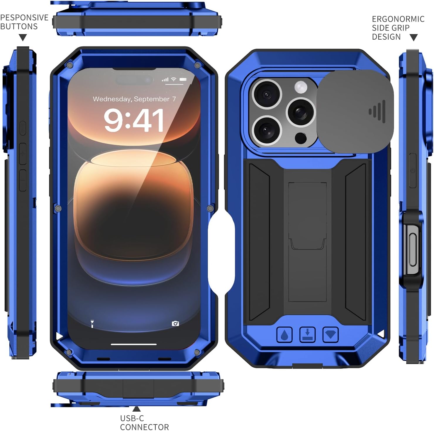 FW Compatible with iPhone 16 Pro Metal Case with Slide Camera Cover Built in Screen Protector Full Body Hybrid Case Kickstand Military Heavy duty Armor Silicone Rugged Case For Man Woman (Blue)
