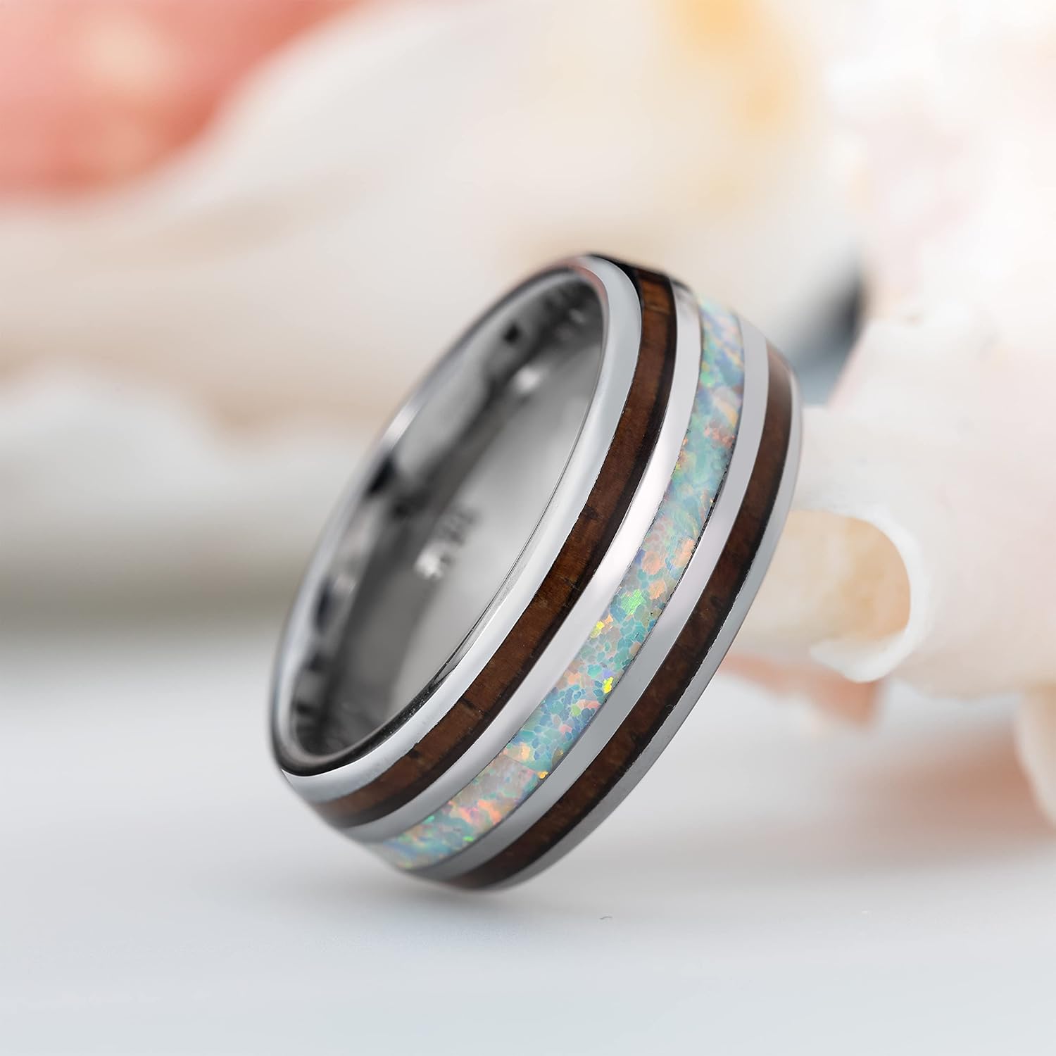 8mm Opal Tungsten Carbide Hawaiian Koa Tree Wood with Created Comfort Fit Ring Engagement Wedding Band Dome Style Weighted High Polished Finish with Gift box