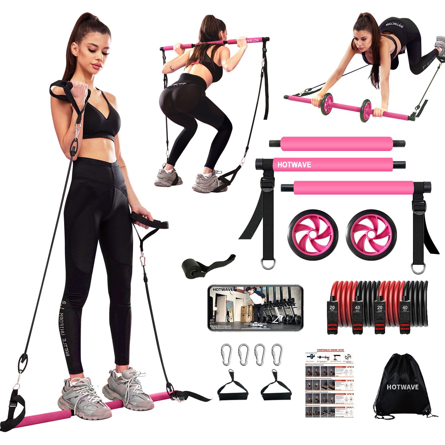 HOTWAVEPilates Bar Kit with Resistance Bands. Fitness Bar with Ab Roller for Abs Workout. Squat Machine.Core Strength Training Equipment.Portable Home Gym for Men and Women
