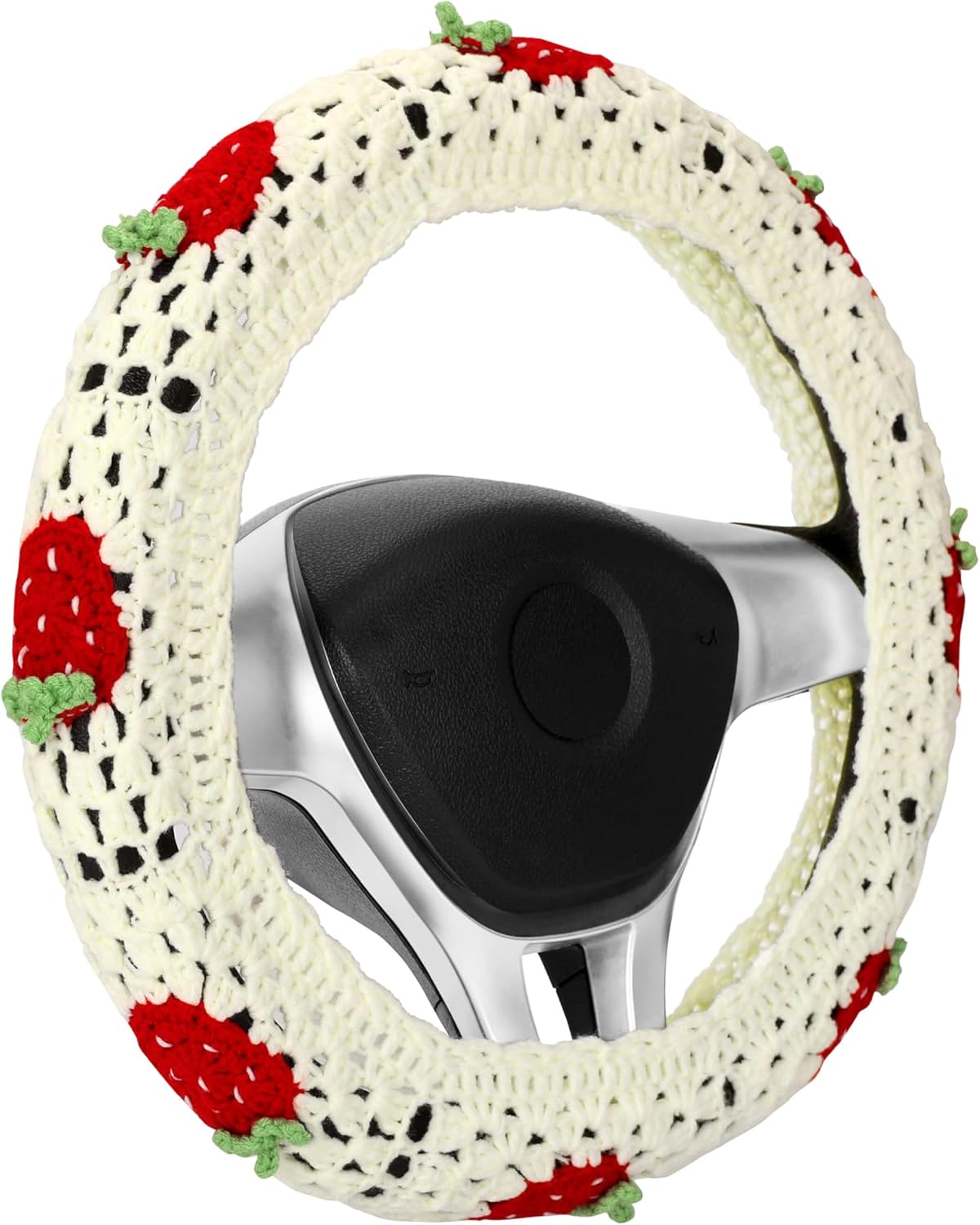 Crochet Steering Wheel Cover Set,Cute Car Steering Wheel Cover Boho 14-15 in, White Strawberry Granny Square Pattern,Women Car Accessories (A Wheel Cover)