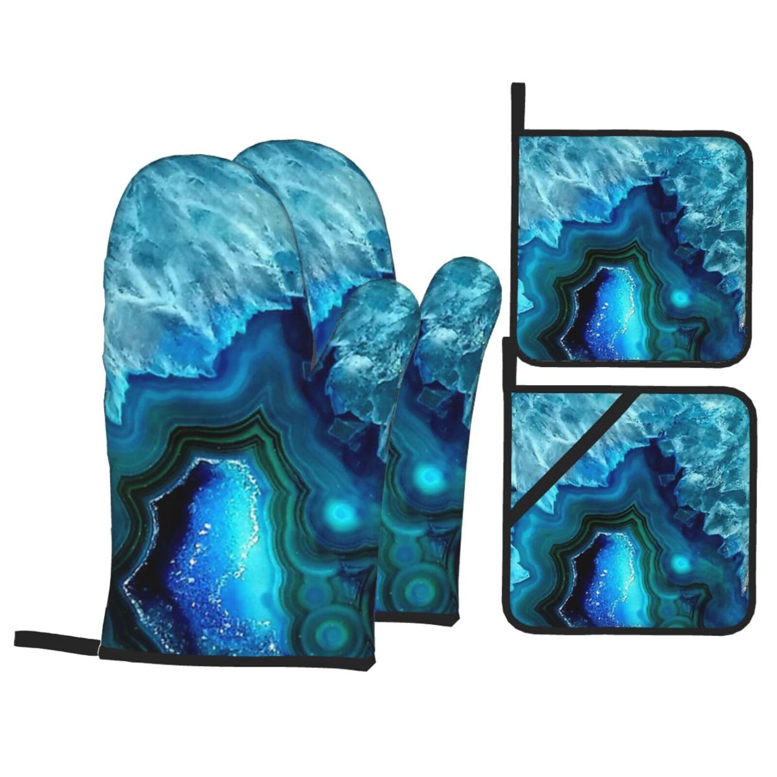 Bright Aqua Blue Print Stylish Heat-Resistant Oven 4-Piece Set Kitchen Gloves Roasting Daily Cooking