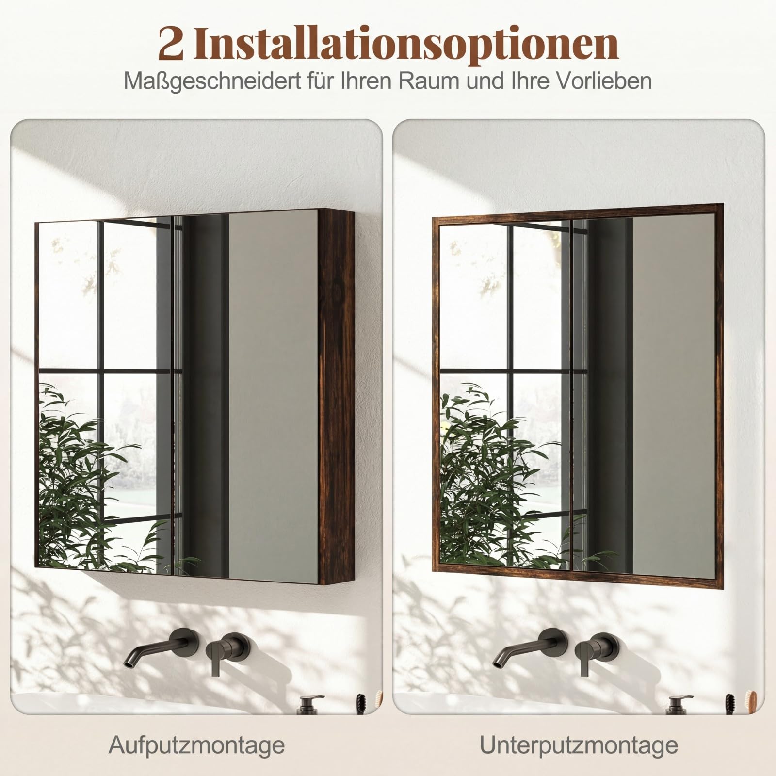 COSTWAY Spiegelschrank Bad, Badezimmerschrank mit 2 Spiegeltüren & Ablage, Badschrank, Hängeschrank, Wandschrank holz für Schmutzräume, Eingangsbereiche & Badzimmer, 62 x 11 x 65 cm (Rustikales Braun)