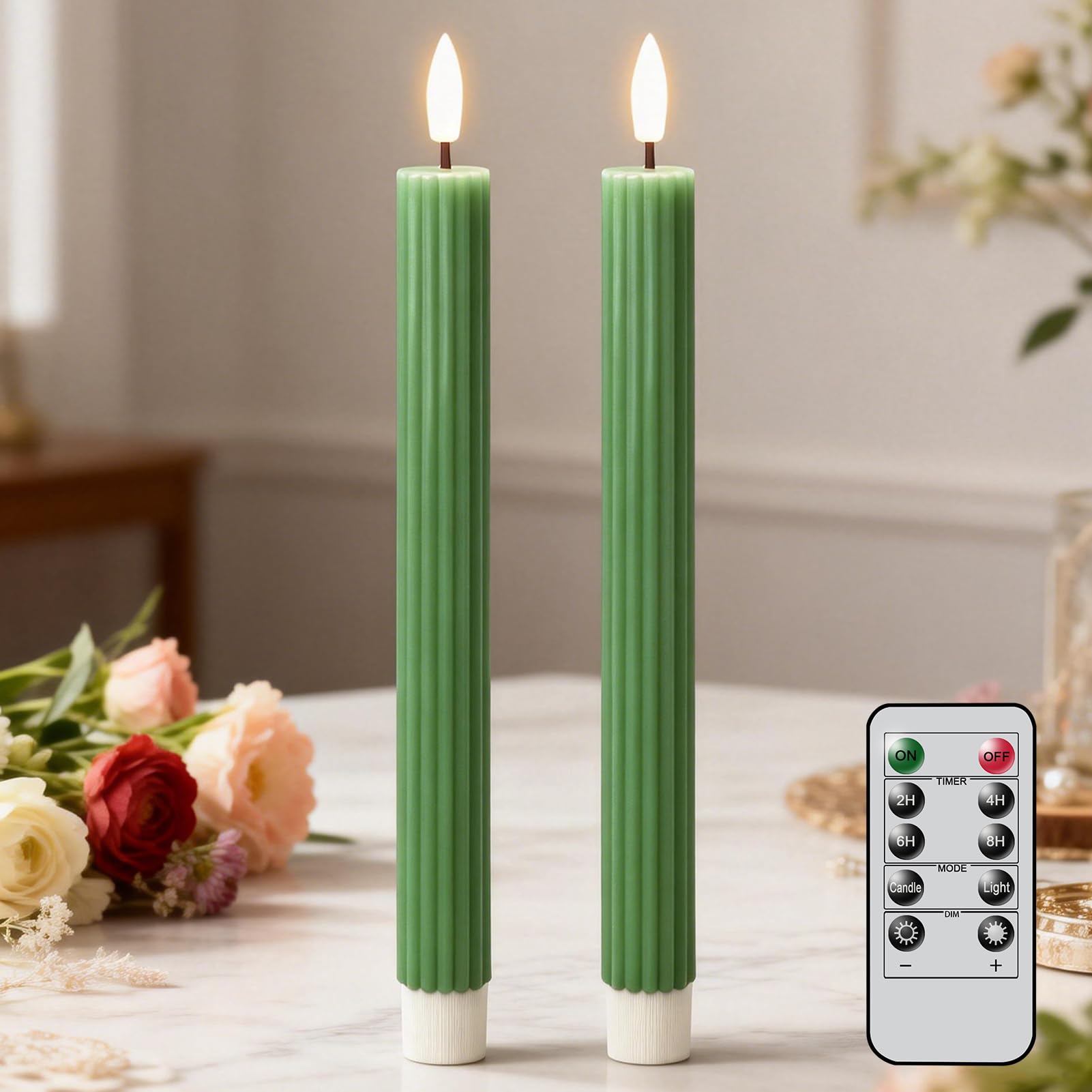 Eldnacele LED Taper Candles with Remote, Battery Operated Flameless LED Candles Flickering with Timer, Real Wax Electric Fake Candle for Home Wedding Christmas Decoration Mother’s Day Gifts(Green)