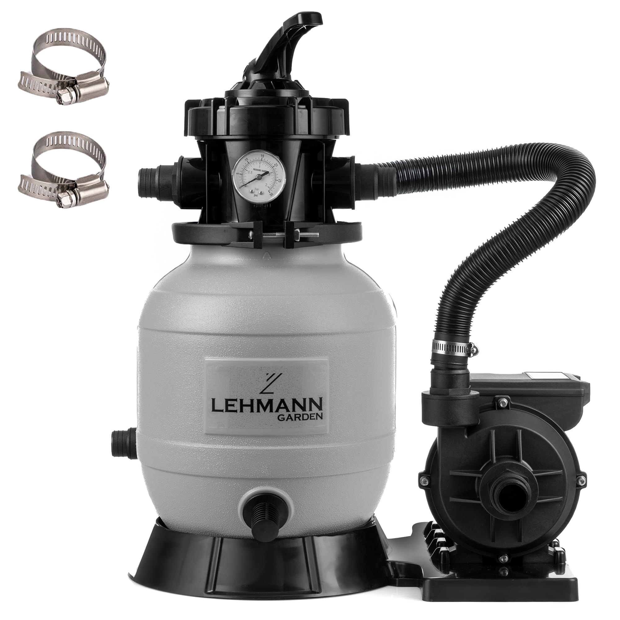 Lehmann Pompa Filtro a Sabbia per Piscina FP1, 8000 L/h, 7 Funzioni Filtrazione, Manometro, Motore con Avvolgimento in Rame, Sistema di Filtraggio Piscine Fino a 25 m³/25.000 L, Grigio