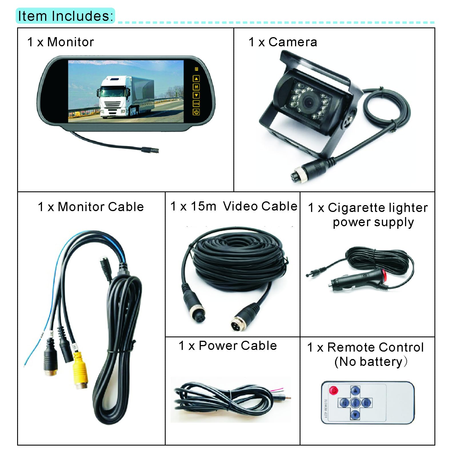 Moniteur de rétroviseur 4 broches de 17,8 cm + 18 LED Vision nocturne étanche Caméra de recul avec câble de 15 m pour camion caravane remorque camping-car 12 V-24 V