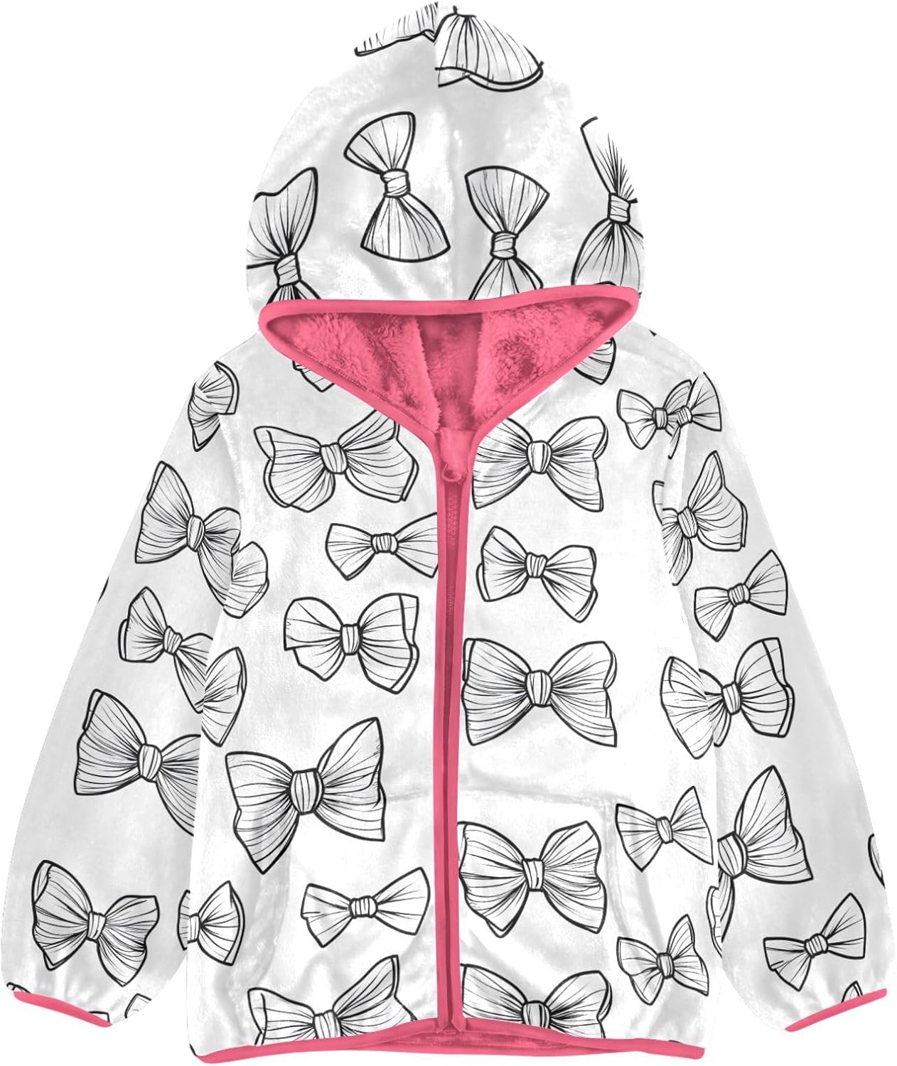 Girls Hoodie Outfit Black White Bows Line Pattern Zipper Sweatshirt Coat Fleece Jacket for Kids 3-10T