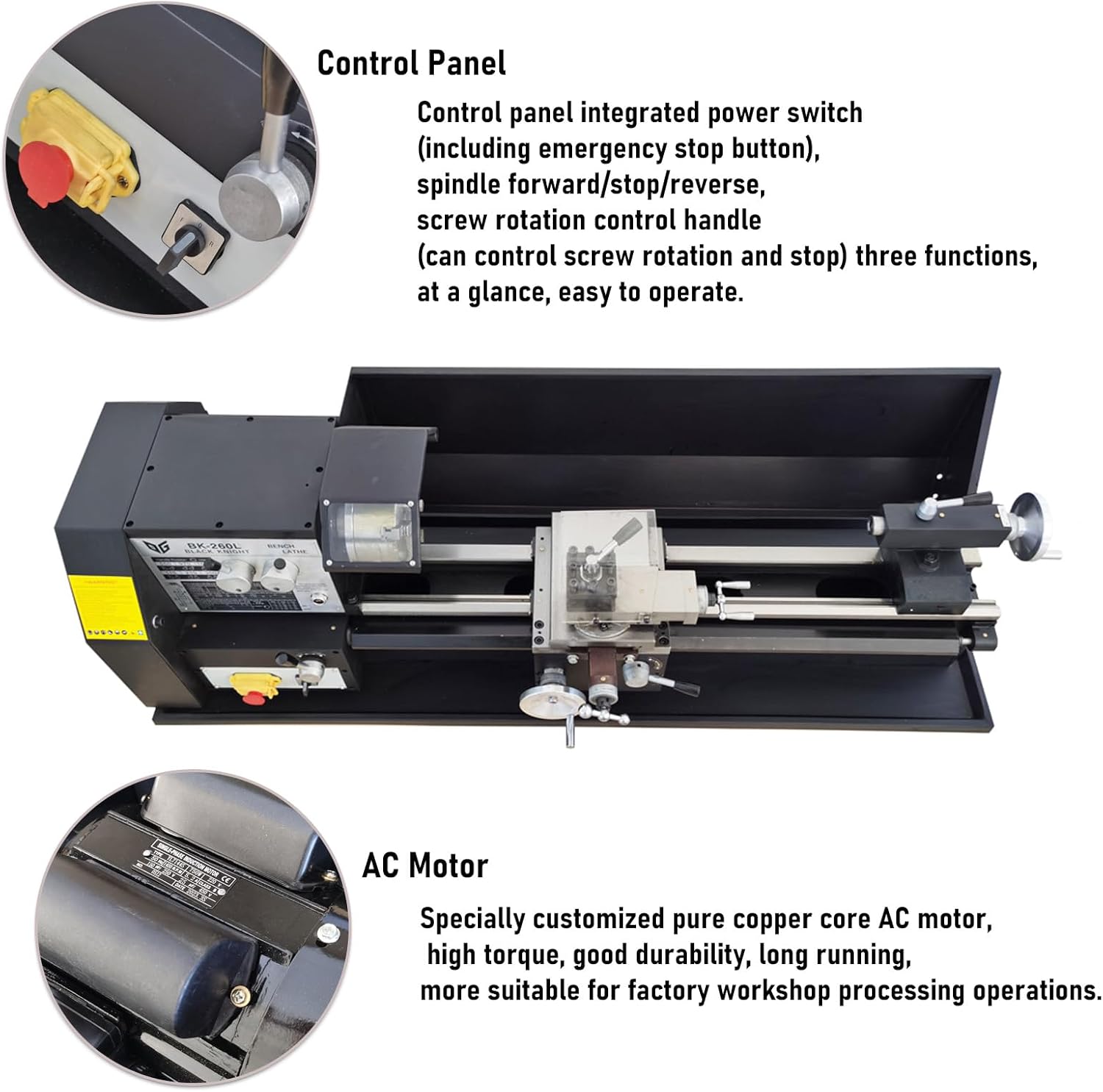 750W Heavy-duty Precision Metal Bench Lathe Spindle Taper MT4, Distance Between Centers 27.56", 10.24" Swing Diameter Over Bed, 53.9"x20.5" Size BK-260L AC110V
