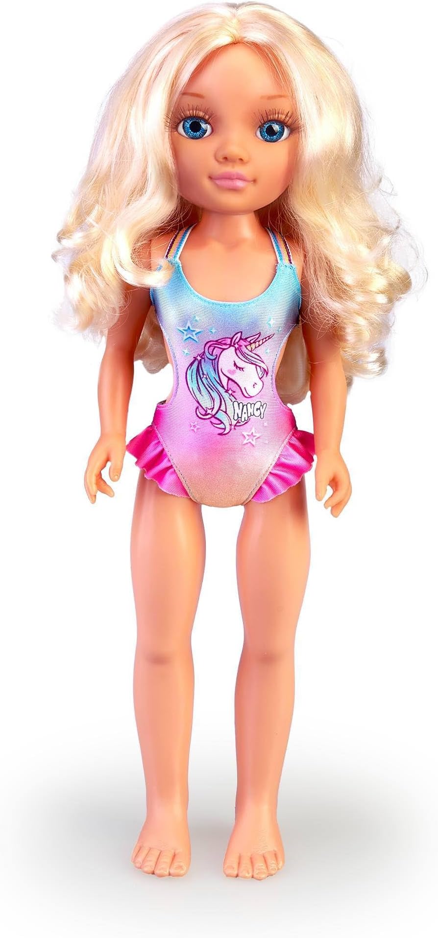 Nancy - A day with a magic towel, doll with long blonde hair, a summer swimming costume, sunglasses and a towel with a unicorn as accessories, toy for boys and girls +3 years old, Famosa (NAC19000)