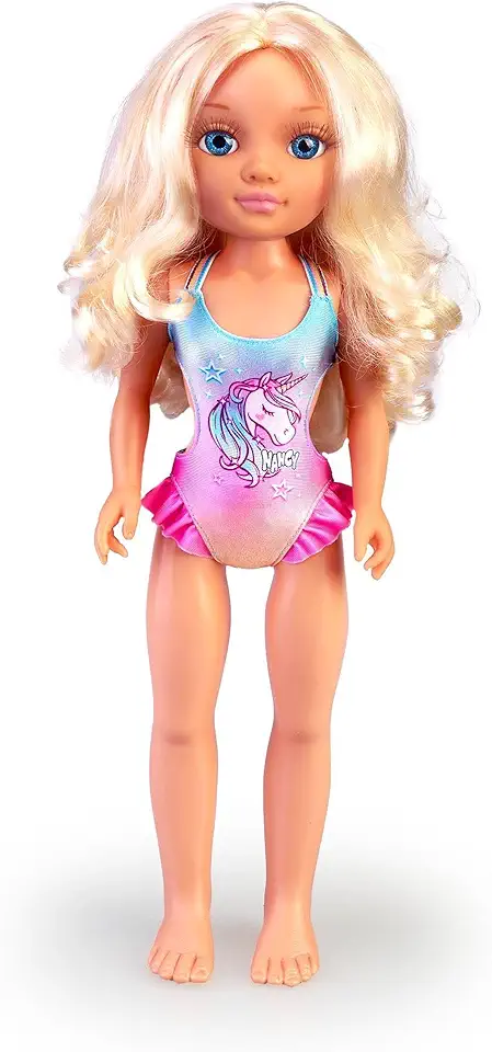 Nancy - A day with a magic towel, doll with long blonde hair, a summer swimming costume, sunglasses and a towel with a unicorn as accessories, toy for boys and girls +3 years old, Famosa (NAC19000)