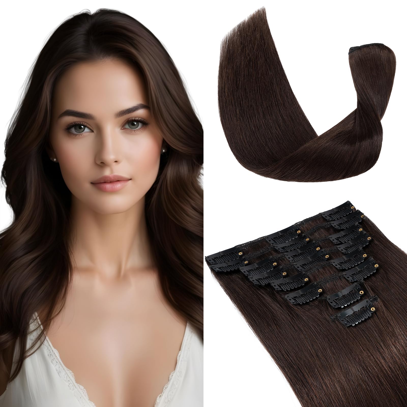 Elailite Clip in Hair Extensions Real Human Hair - 8 Pieces Thin Weft Full Head Remy Hair Straight - #2 Dark Brown - 20 Inch (70 g)
