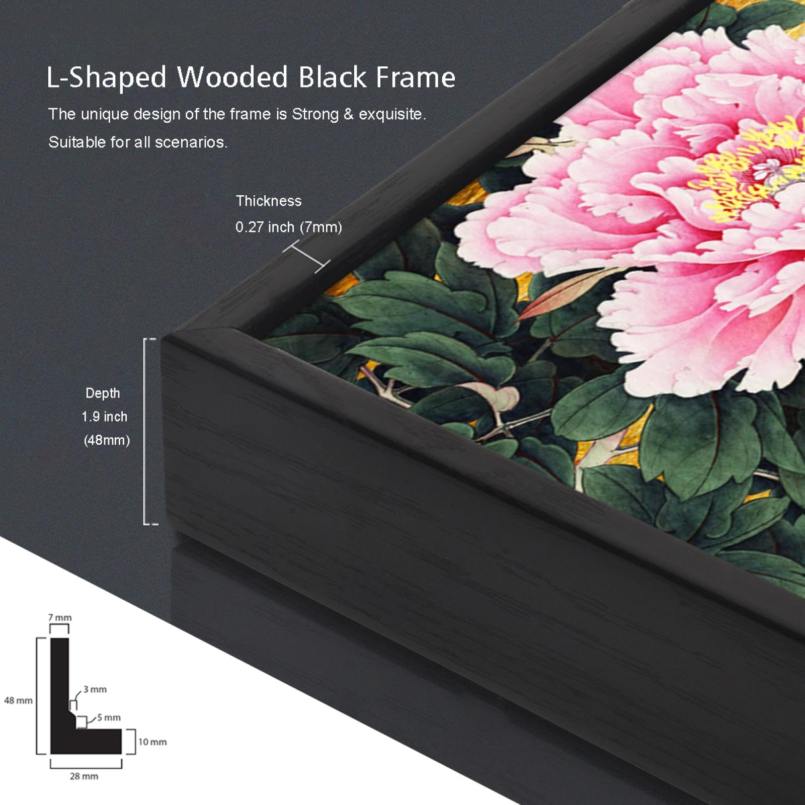 Via Vela Dragon doré Toile Art mural Murale culturelle chinoise Rose riche Pivoine Fleurs Œuvres d’art Impressions Affiches de style asiatique Peinture pour décor de bureau 40x60cm avec cadre noir