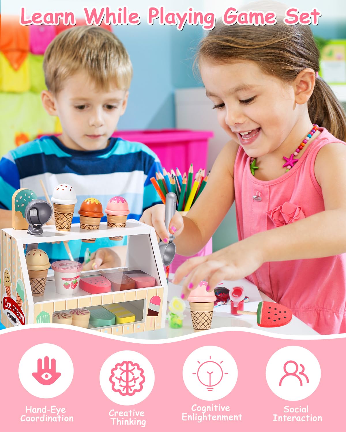 Jeuets de Crème Glacée pour Enfant,Glacier en Bois,Jouet à Crème Glacée en Bois Marchande Enfants,Glacier Jeu Accessoires de Cuisine avec Un comptoir,Montessori pour 3,4,5,6 Ans