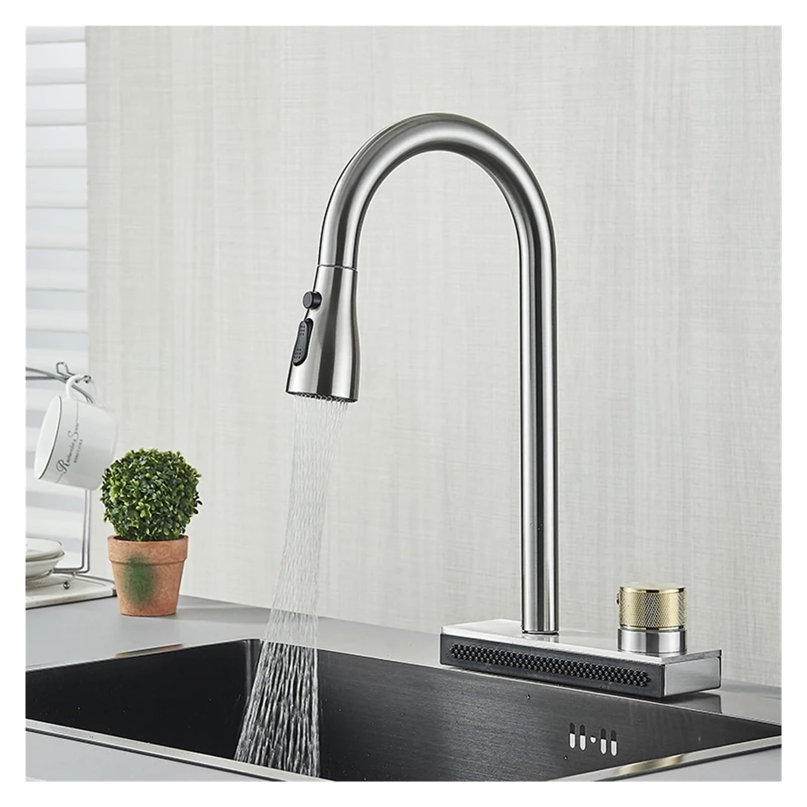 Robinet de cuisine cascade en nickel brossé avec mitigeur eau chaude et froide