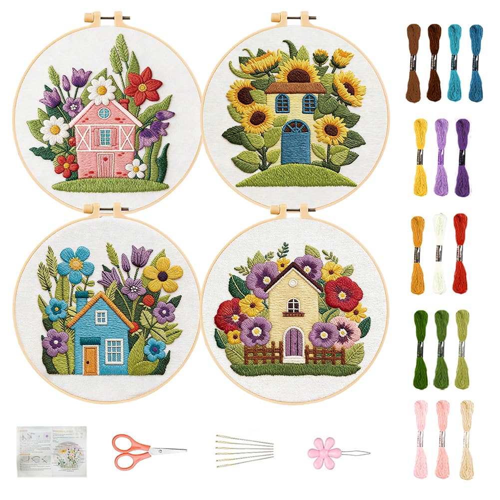 FREEBLOSS Stickset Für Erwachsene Anfänger Blumenhaus Motiv Vorgestanzte Stickvorlagen Stickstarter Set Mit Anleitung Kreuzstich Sets Für Frauen DIY Bastelgeschenk 4 Zoll