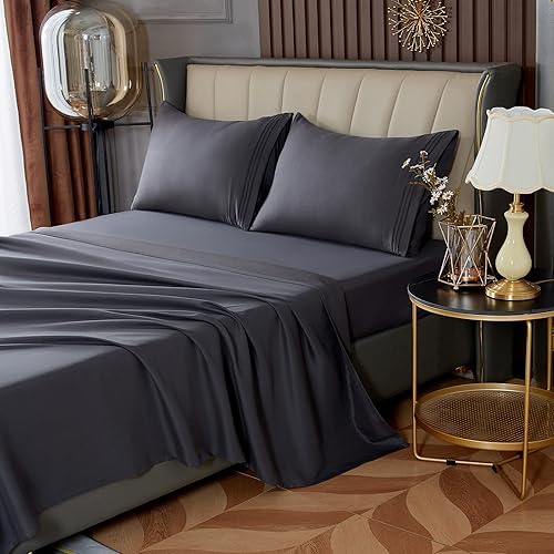 Bed Queen King Sheet & Pillowcases Set - 4 Piece Set - Microfiber 1800 Thread Count Extra Soft for Hotel Dorm Room, White/Gray (Queen, Gray)