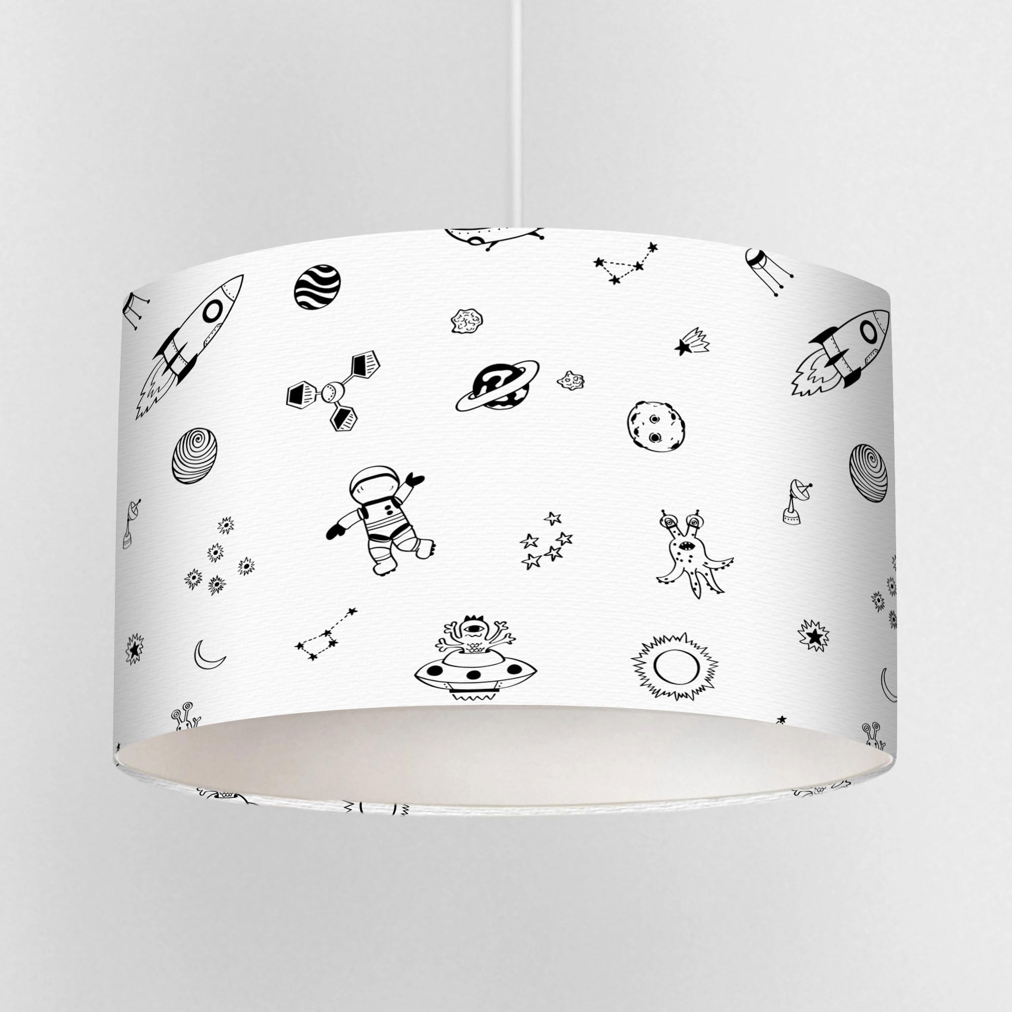 Monochrome Space Lampshade for Kids Bedroom – Black and White Rocket & Planet Design, Children’s Ceiling Light Shade or Table Lamp, 20cm 30cm 40cm Drum