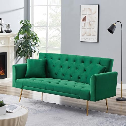 Miniatura 4 de 72"Modern Velvet Sofa Bed Futon,Convertible Folding Sleeper Bed Couches with 3 Adjustable Backrests,Tufted Recliner Love Seat with Golden Chrome