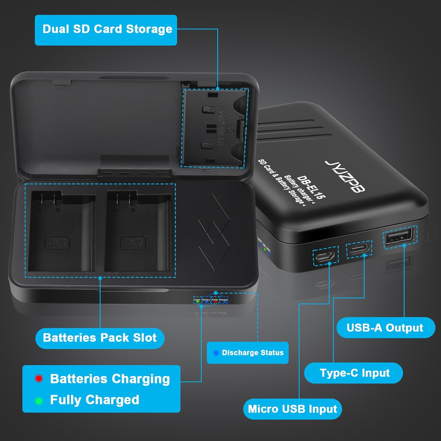 JYJZPB EN-EL15C Battery Charger Set and DB Charger Case for for Nikon D7000, D7100, D7200, D7500, D750, ZF, Z6, Z6 ii, Z7, Z7ii, Z8, D500, D850 Camera