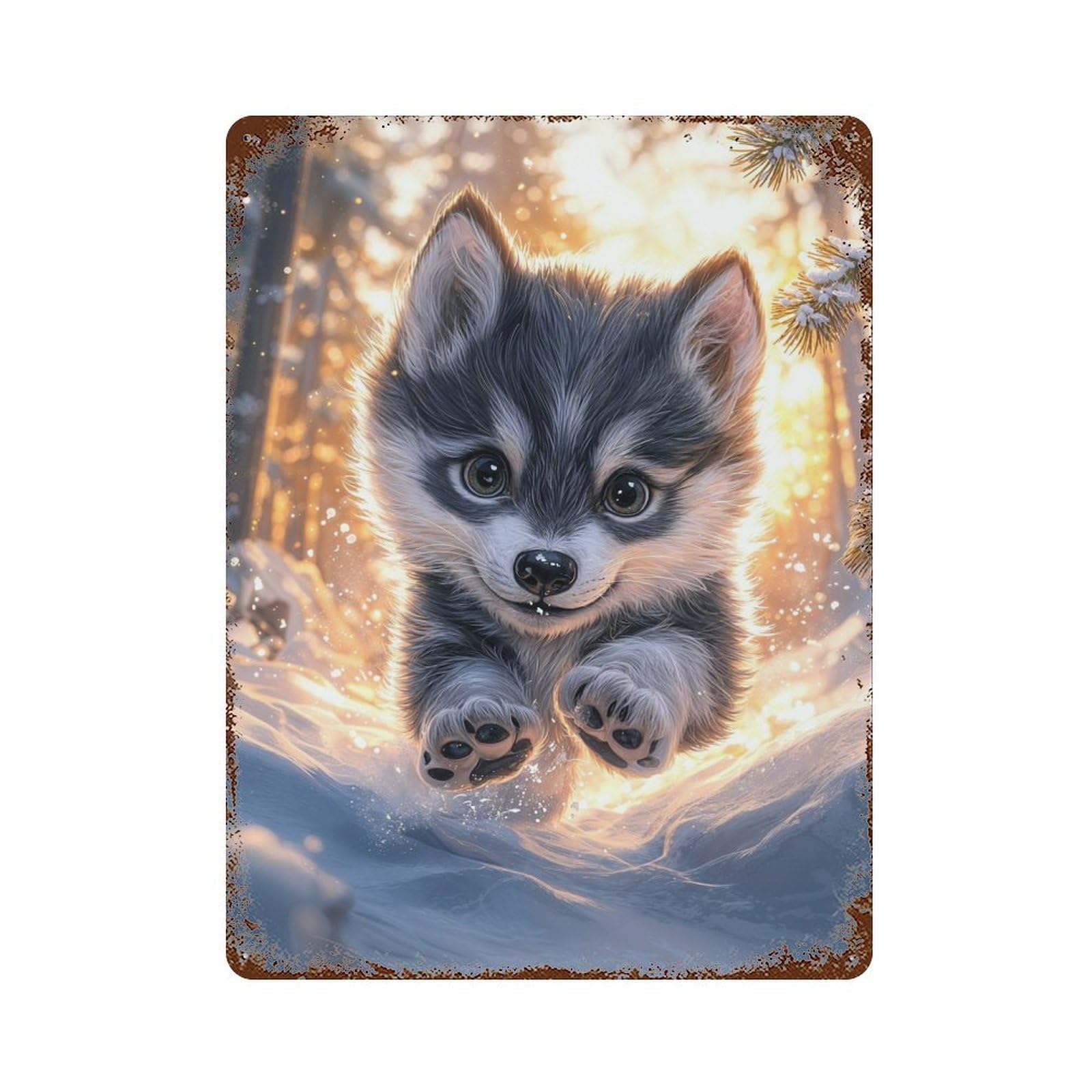 Rusty Metal Tin Sign with Cute Wolf Pup in Snow Design 15.7"x11.8", for Farmhouse, Kitchen And Entryway Decor, Rustic Home Decor