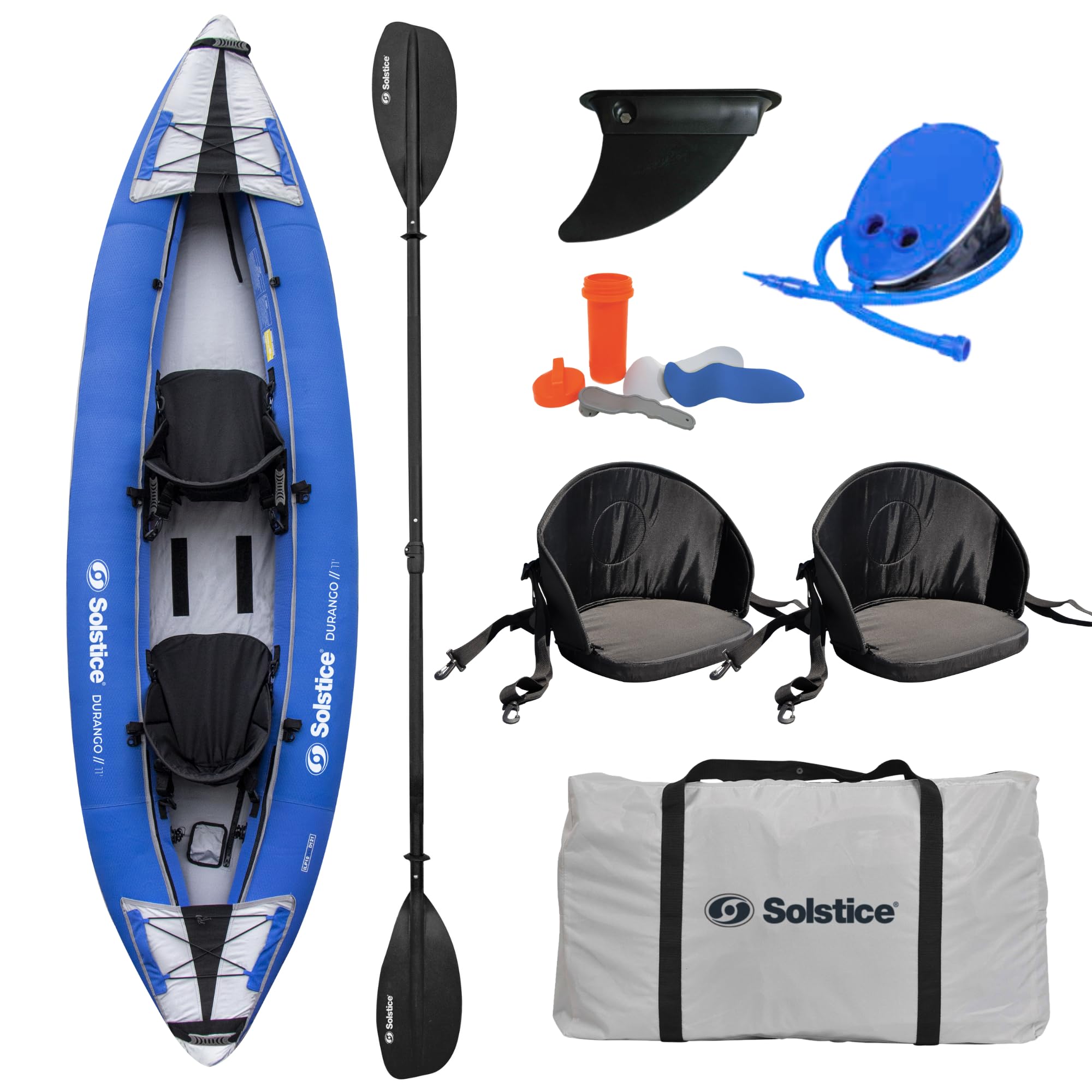 SOLSTICE Inflatable Kayak Boat – Durable, Portable & Adventure-Ready, Heavy Duty PVC – Adjustable Bucket Seat, Bungee Storage, Skeg & Pump Included, 1-2 Person Tandem, Durango, Blue, 11'
