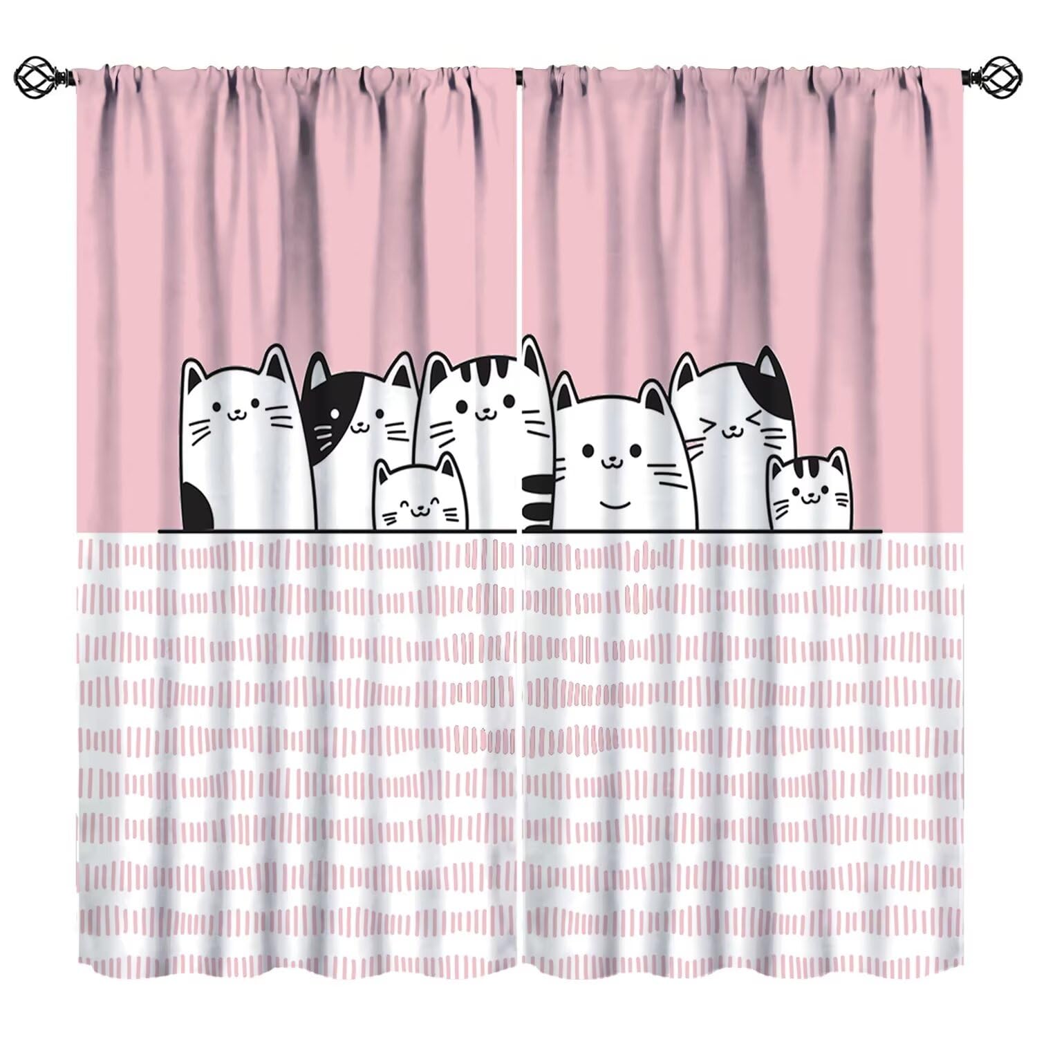 Cute Cat Curtains Cartoon Animal Black White Simple Abstract Cat Pink Art Printed Kids Girls Women Bedroom Living Room Bathroom Rod Pocket Decoration Window Drapes 2 Panels W27.5xL63in