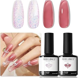 modelones Gel Nail Polish Set 2 Pcs 15 ML French Tip Red White Jelly Gel Polish Glitter Shimmer Pearl Pink Soak Off UV French Tip Gel Polish For Nail Art DIY Manicure At Home For Women Girl