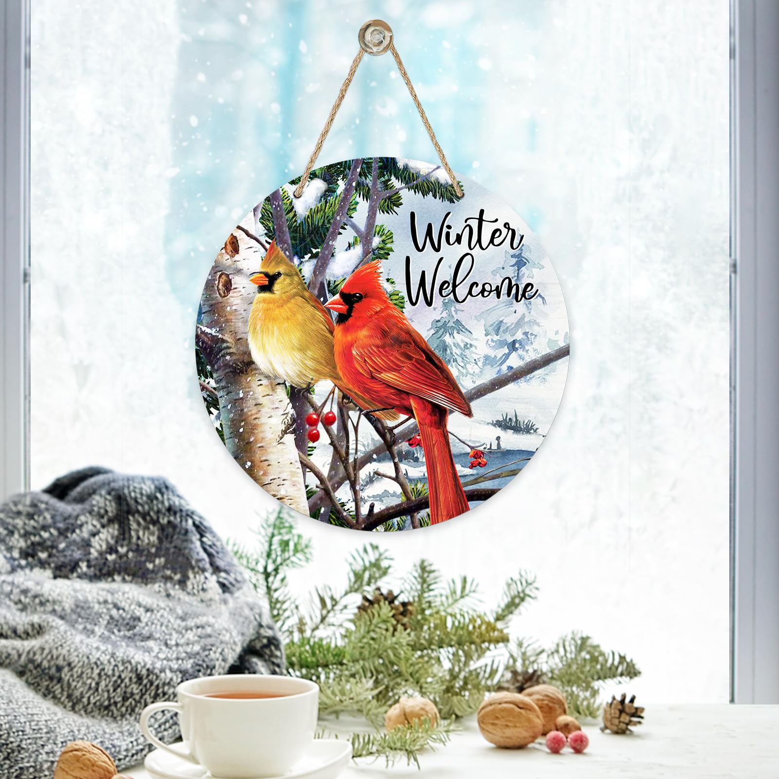 Hello Winter Welcome Sign - 12"x12" Round Wood Door Hanger With Pine Trees For Front Porch Decor - View #10