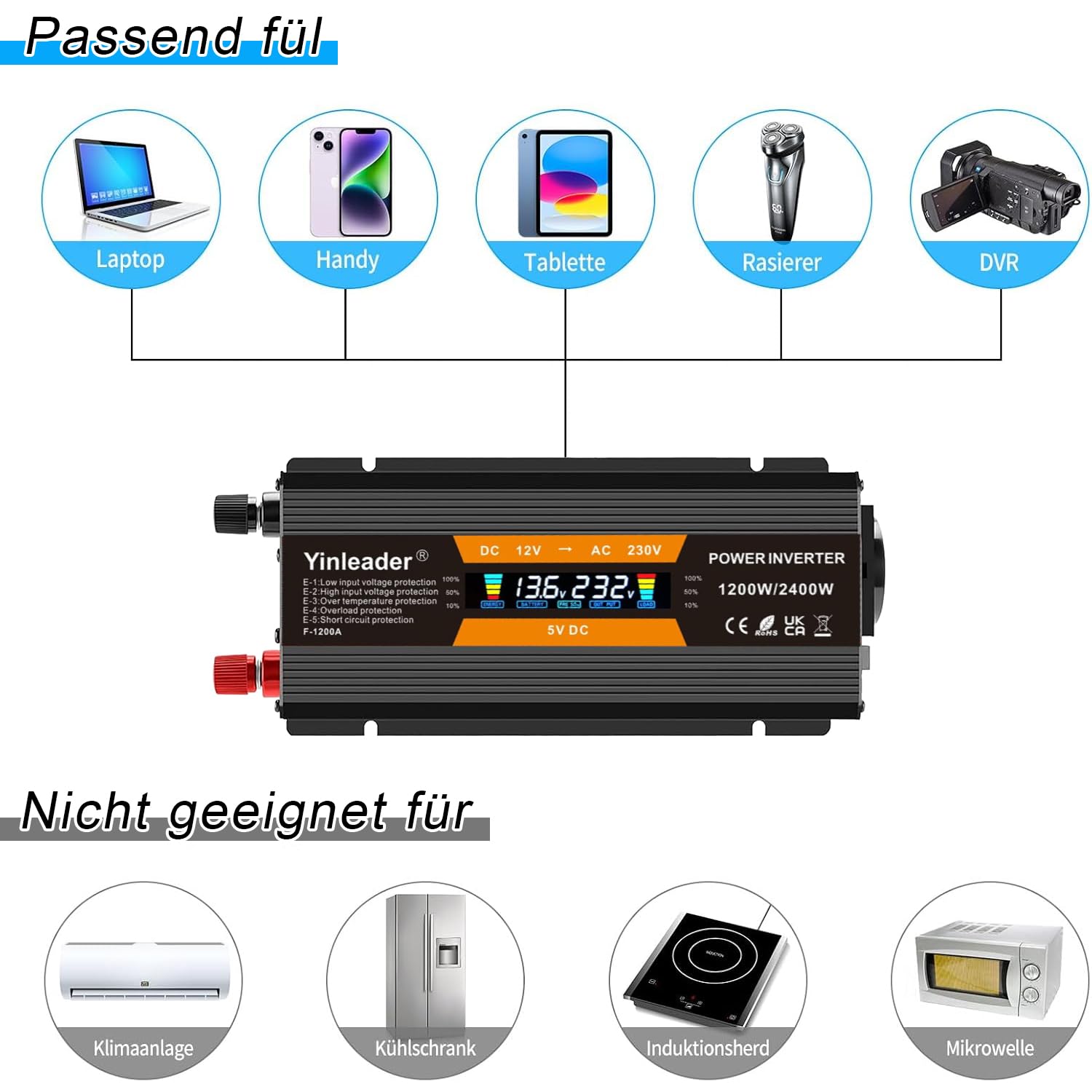 Yinleader Trasformatore di tensione 1200 W/2400 W 12 V 230 V Inverter Dual USB Power Inverter con 1 presa e display LCD, per auto, roulotte, barca, campeggio, viaggi