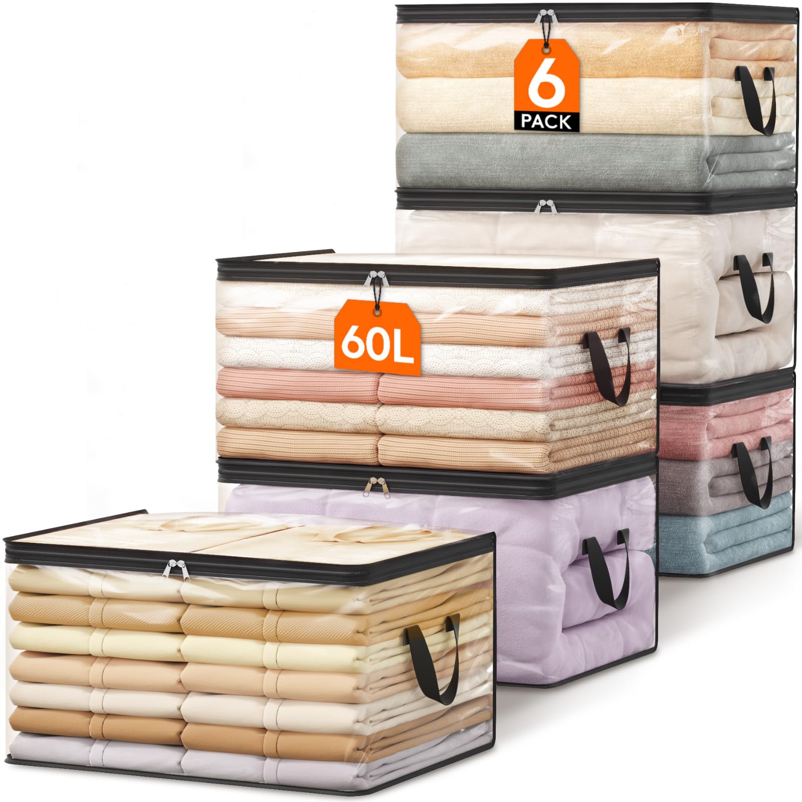 Lifewit 6 Pack Clear Clothes Storage Bags, 60L Plastic Blanket Vinyl Foldable Moving Bags with Zipper, Closet Organizers and Storage Containers for Bedding, Duvet, Pillow