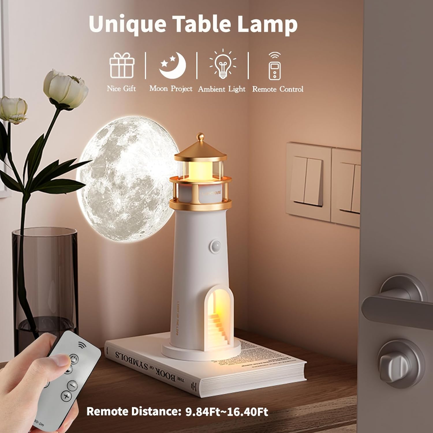 AVEKI Lighthouse Night Light for Kids Cute Lighthouse Lamp with Moon Projection 3 Levels Dimmable Wireless Table Lamp for Room Decor Rechargeable Led Moon Night Light Projector Gift for Kids Women