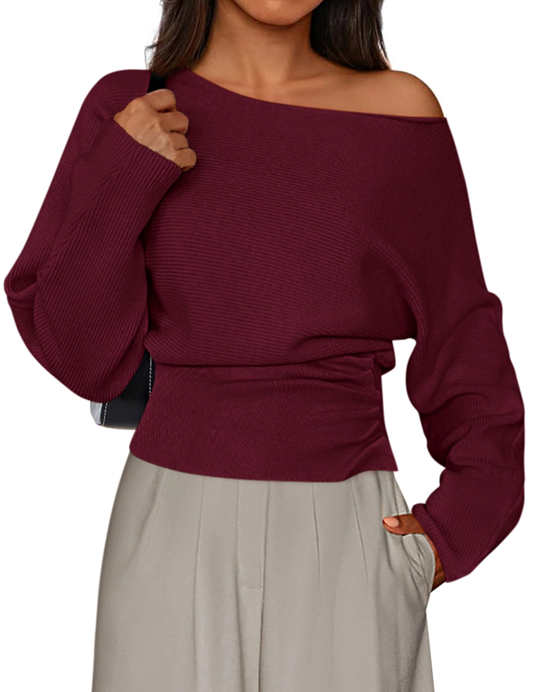 PRETTYGARDEN Women Off The Shoulder Sweater 2026 Fall Trendy Long Batwing Sleeve Knit Pullover Going Out Tops Winter